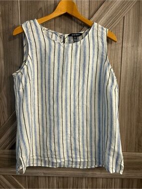 Ellen Tracy Blue & White Striped 100% Linen Sleeveless Top - Large summer Tank